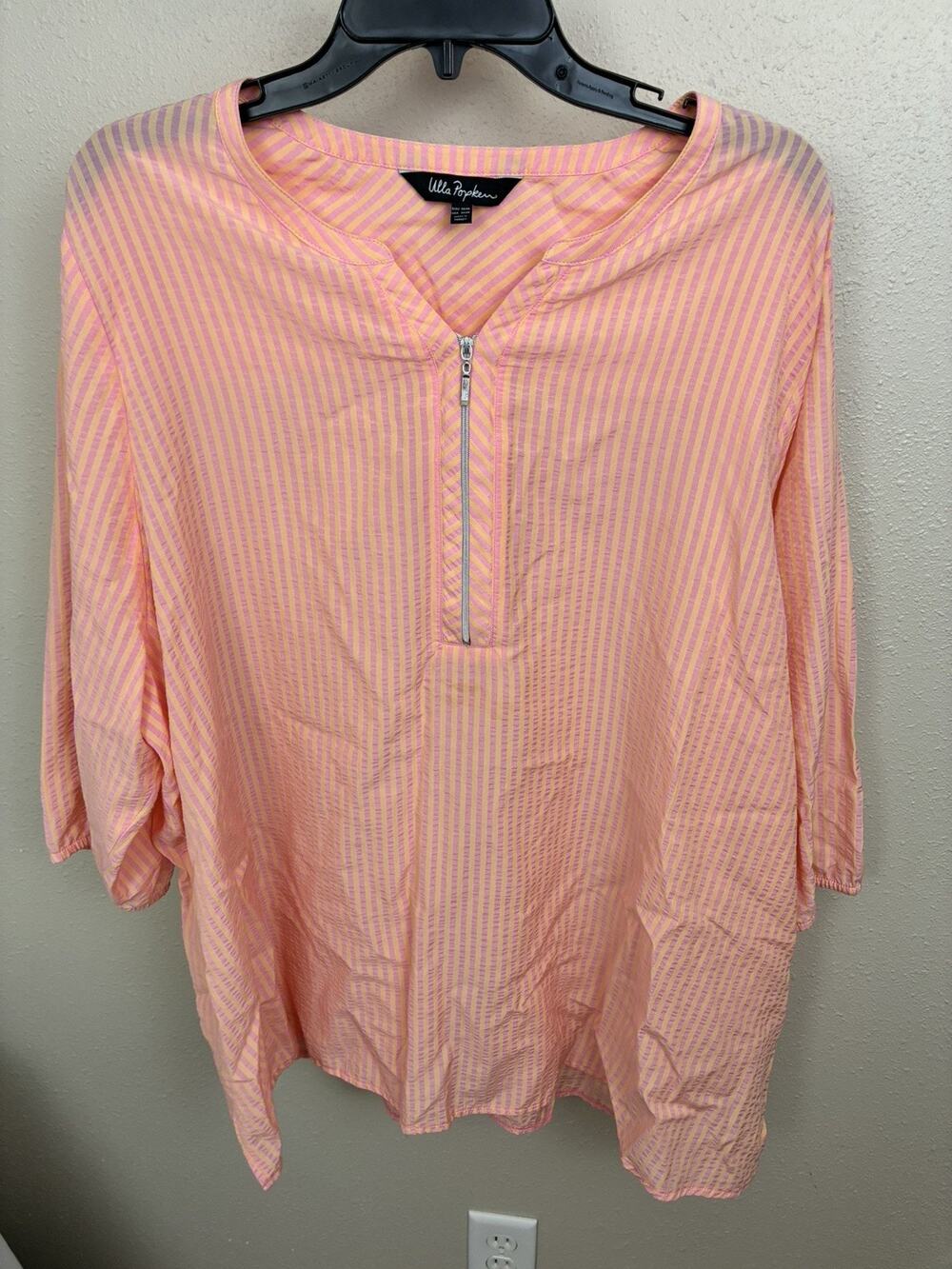 Ulla Popken Top SIZE 24/26 Striped 1/2 Zip Front Orange Pink Stripe Blouse